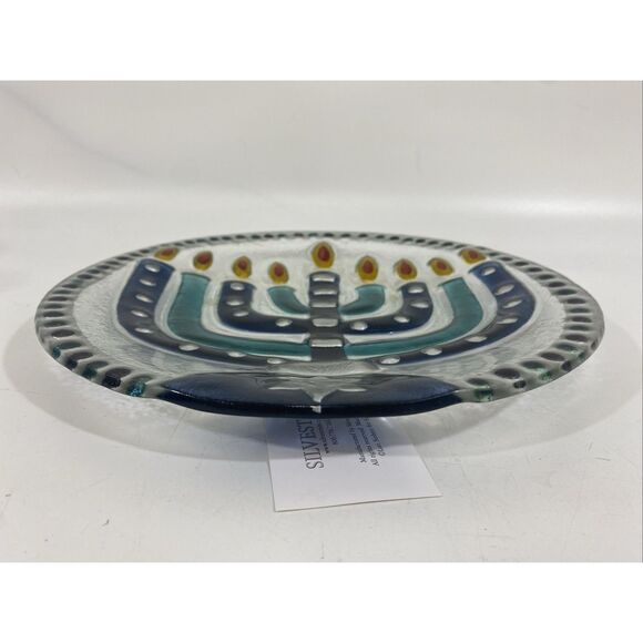 Lori Siebert For Silvestri Fused Glass Menorah Hanukkah Plate New In Box - Picture 2 of 11